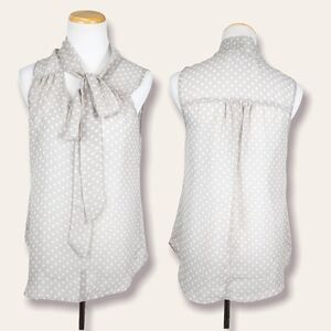 Daniel Rainn Womens Size Small Grey Polka Dot Neck Tie Sleeveless Blouse Sheer